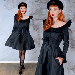 Vintage 1970s Oscar de la Renta Black Ruffle Mini Dress SM