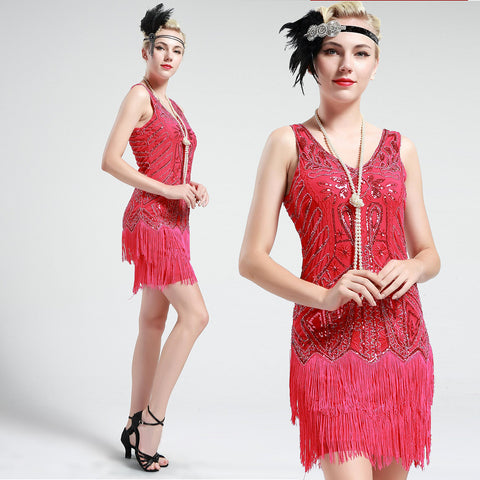 US STOCK Rose Pink Sleeveless Flapper Beaded and Sequined Mini Dress