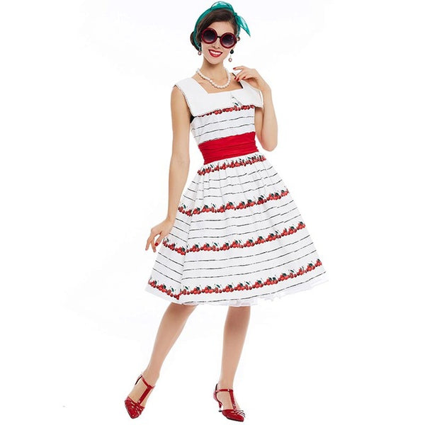 Boatneck Cherries on White Fit and Flare Dress