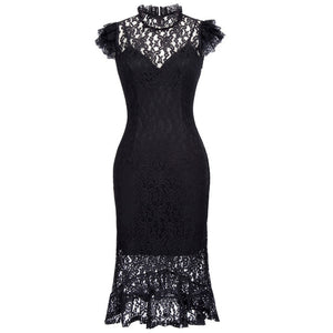 Black Lace Ruffled Sleeves Mermaid Pencil Dress