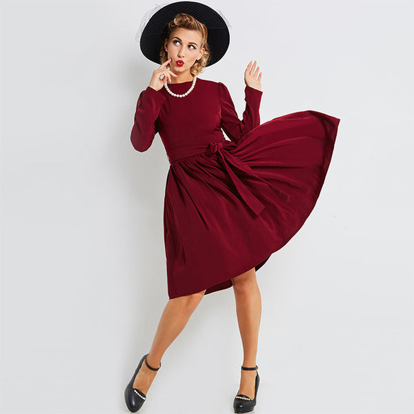 Vintage 1940s Wine Red Full Skirt Dress with Puffed Sleeves