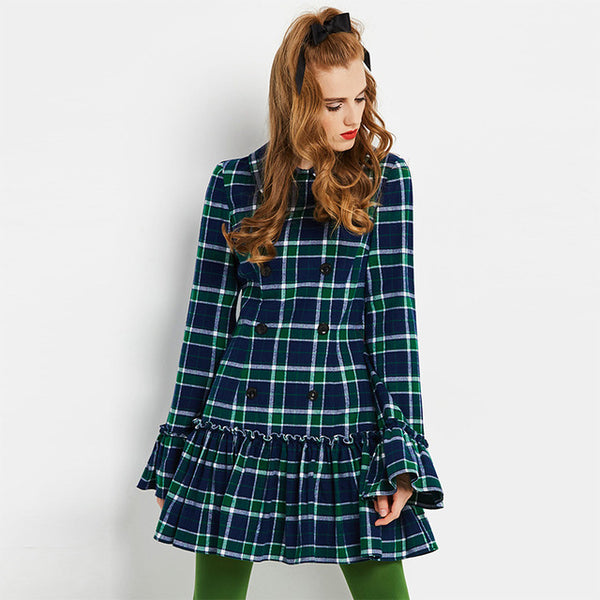 Vintage Mod 1960s Tartan Plaid mini dress with Trumpet Sleeves
