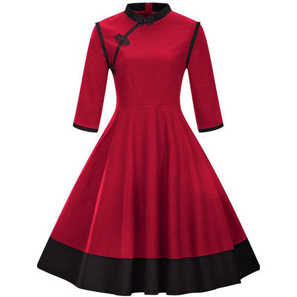 Cheongsam Mandarin Inspired Red and Black Swing Dress