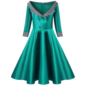 Green Satin Fit and Flare Dress with Checkered Lapel and Cuffs