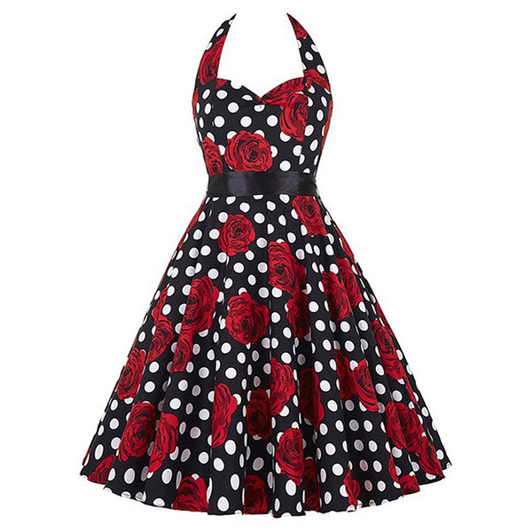 Roses and Dots Black Fit and Flare Halter Dress