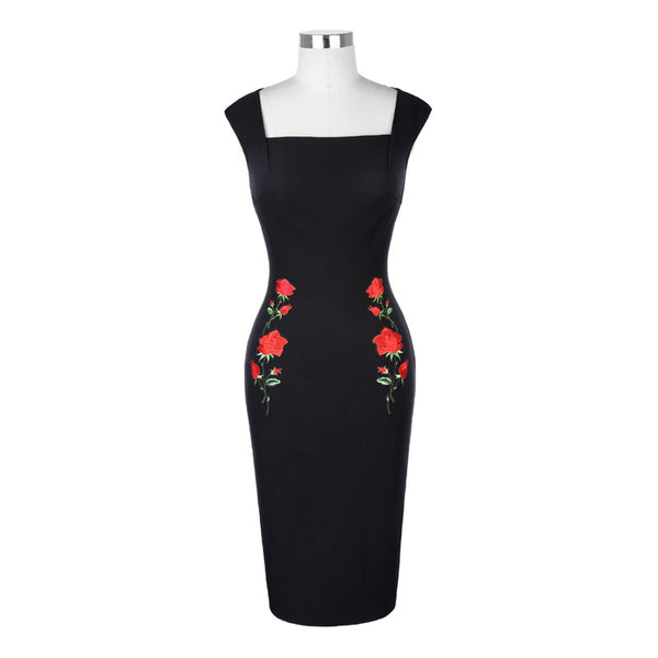 Rose Embroidered Pinup Pencil Dress