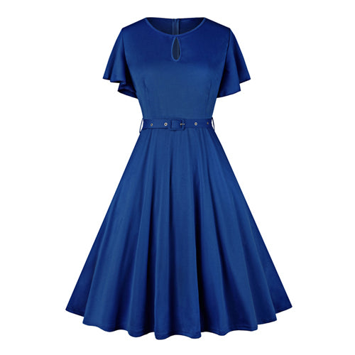 Blue Keyhole Flutter Sleeves Flare Dress