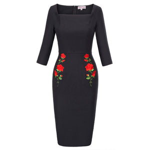 Black 3/4 Sleeves Floral Rose Embroidered Pencil Dress