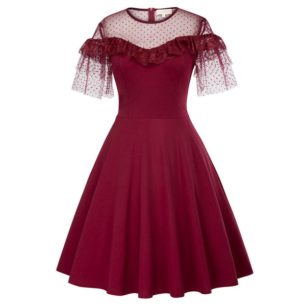 Wine Red Sheer Illusion Flutter Sleeves Swing Dress
