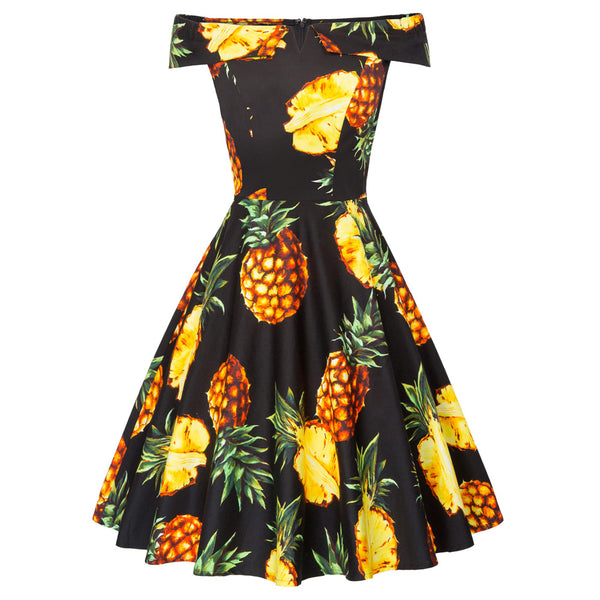 Pineapple Print Off the Shoulder Full Skirt Swing Dress