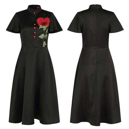 Red Flutter Sleeves Dress with Rose Embroidery