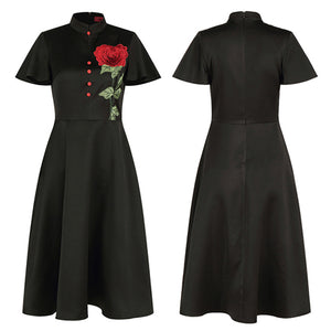 Red Flutter Sleeves Dress with Rose Embroidery