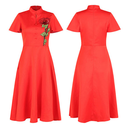 Red Flutter Sleeves Dress with Rose Embroidery