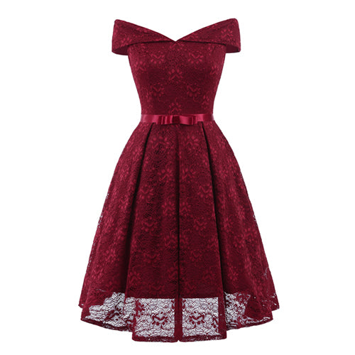 Wine Red Lace Off the Shoulder Fit and Flare Swing Dress