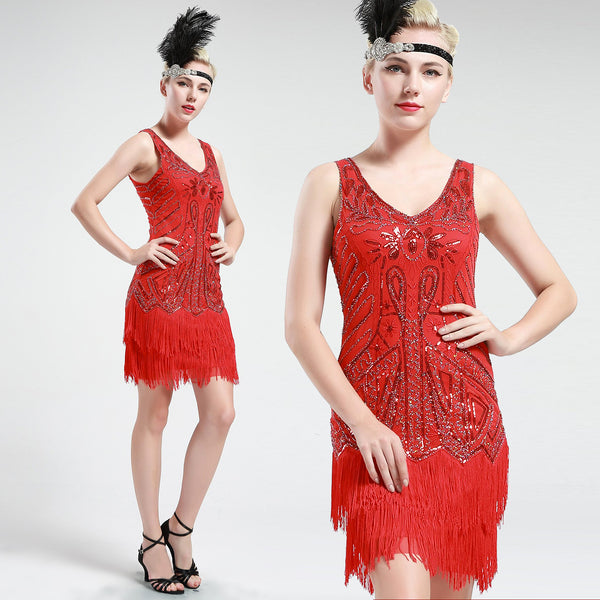 US STOCK Bright Red Sleeveless Flapper Beaded and Sequined Mini Dress