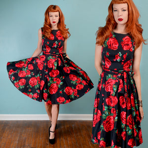 Vintage 1950s inspired red roses on black full circle skirt dress SMALL unique rockabilly swing 50s