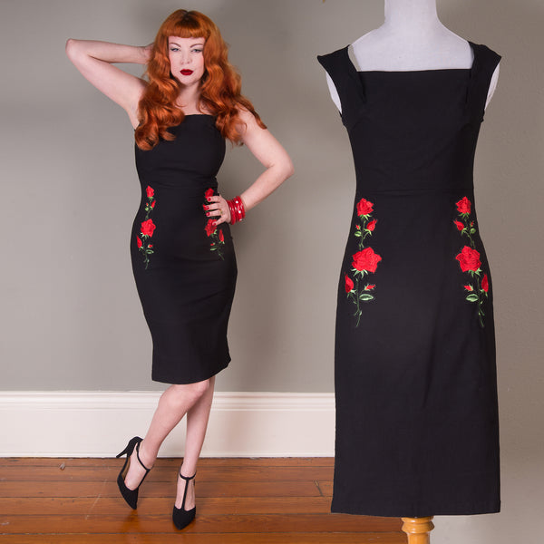 Rose Embroidered Pinup Pencil Dress