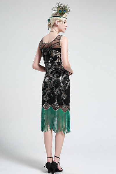 Green and Black Peacock Sequin Fringed Party Flapper Dress