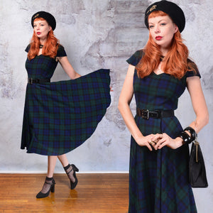 Vintage 1950s Hell Bunny blue and green Tartan plaid fit and flare dress. Small