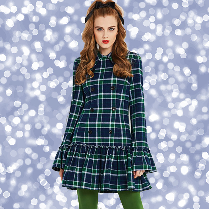 Vintage Mod 1960s Tartan Plaid mini dress with Trumpet Sleeves