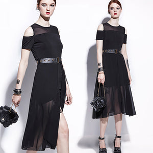 1950s Inspired Gothic Black Mesh Full Skirt Midi Dress