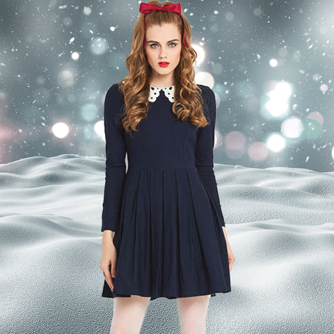 Vintage MOD 1960s Navy Skater Dress with Peter Pan Collar