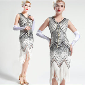 US Stock White and Silver glass beaded Fringe Flapper Dress