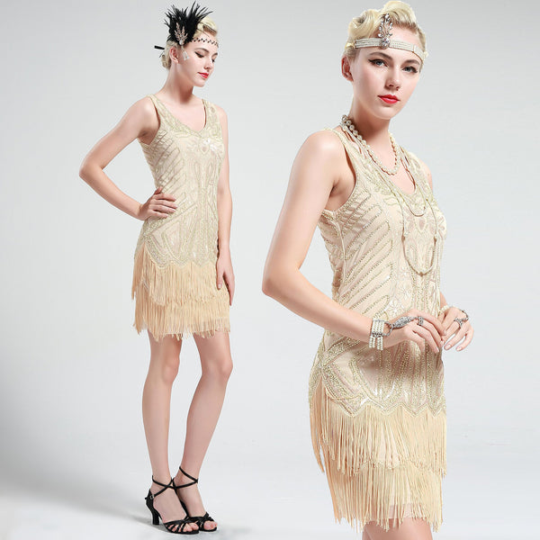US STOCK Cream White Sleeveless Flapper Beaded and Sequined Mini Dress