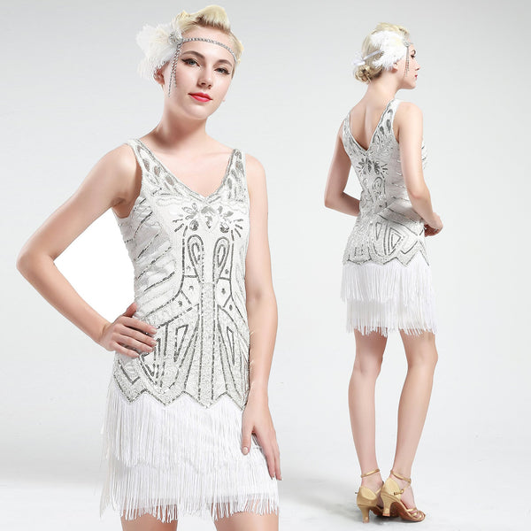 US STOCK White and Silver Sleeveless Flapper Beaded and Sequined Mini Dress